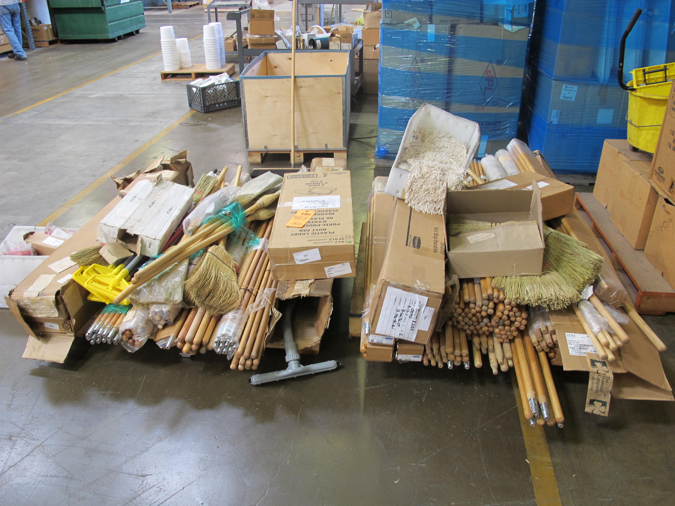 LOT TO INCLUDE: LARGE QUANTITY OF BROOM HANDLES, BROOMS, DUSTPANS, BROOM HEADS, MOP HEADS. LOADING & HANDLING FEE $30-4119